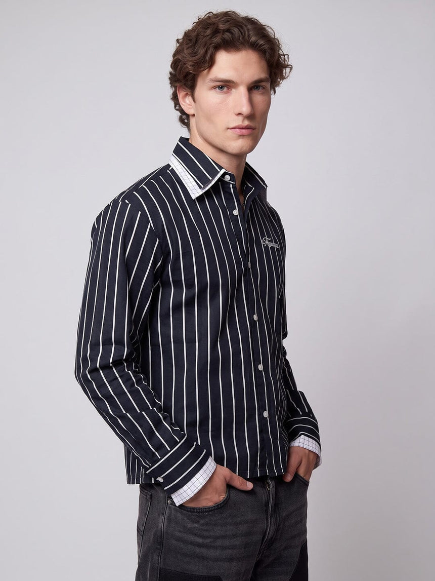 Navy Blue Striped Double Collared Cropped Shirt Shirts Fugazee