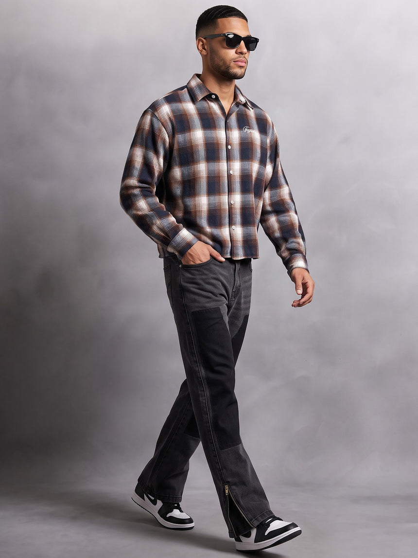 Brown & Navy Checkered Flannel Cropped Shirt Shirts Fugazee