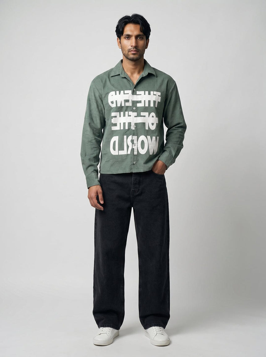 Pine Green Graphic Corduroy Cropped Shirt Shirts Fugazee