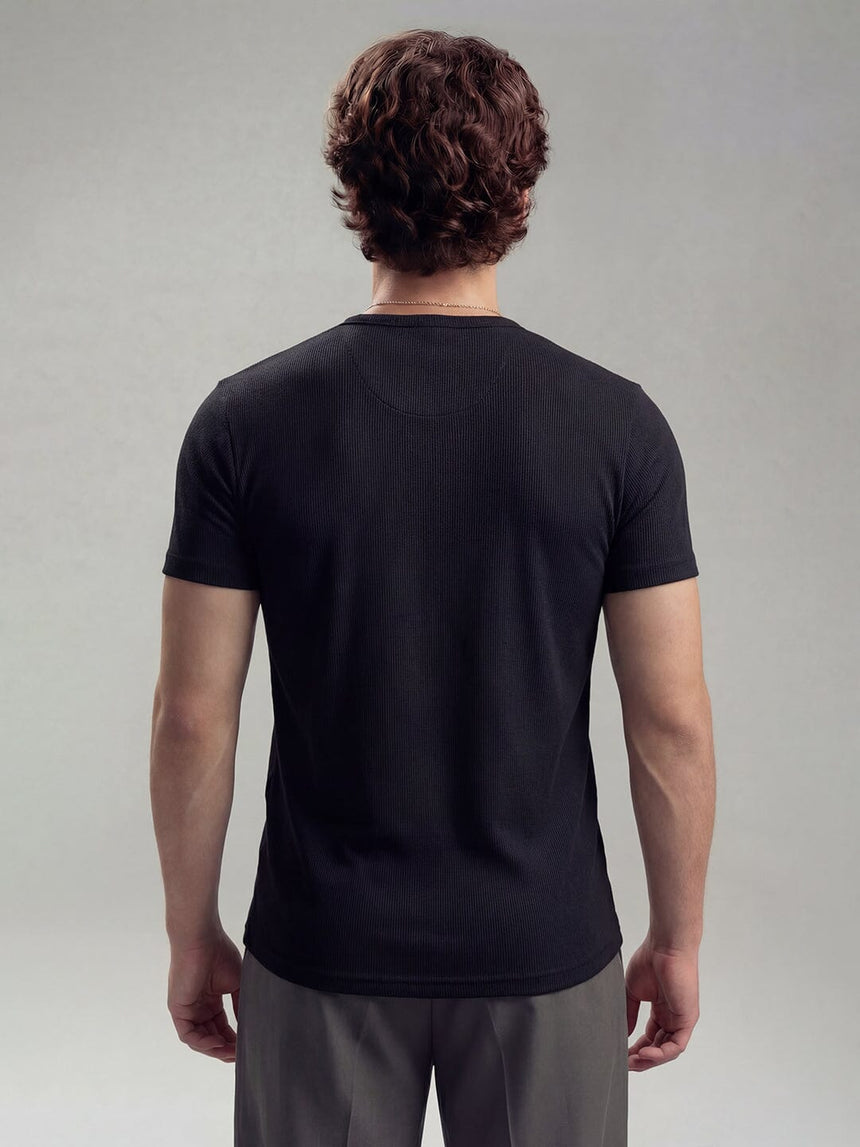 Black Ribbed Henley Short Sleeves Tshirt T-Shirts Fugazee