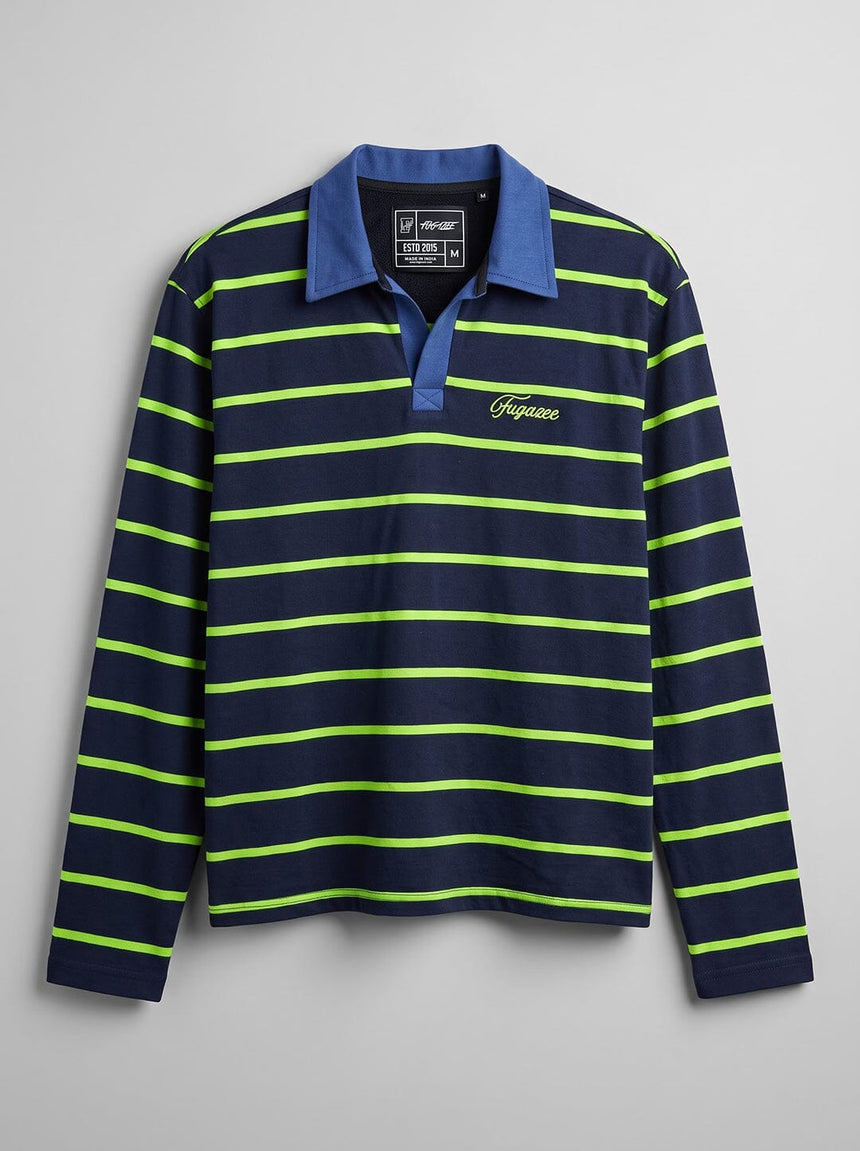 Navy Striped Cropped Longsleeve Polo Tshirt T-Shirts Fugazee