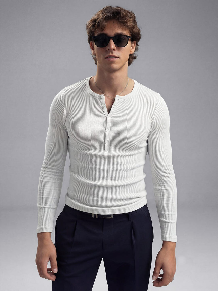 White Ribbed Henley Longsleeves Tshirt T-Shirts Fugazee