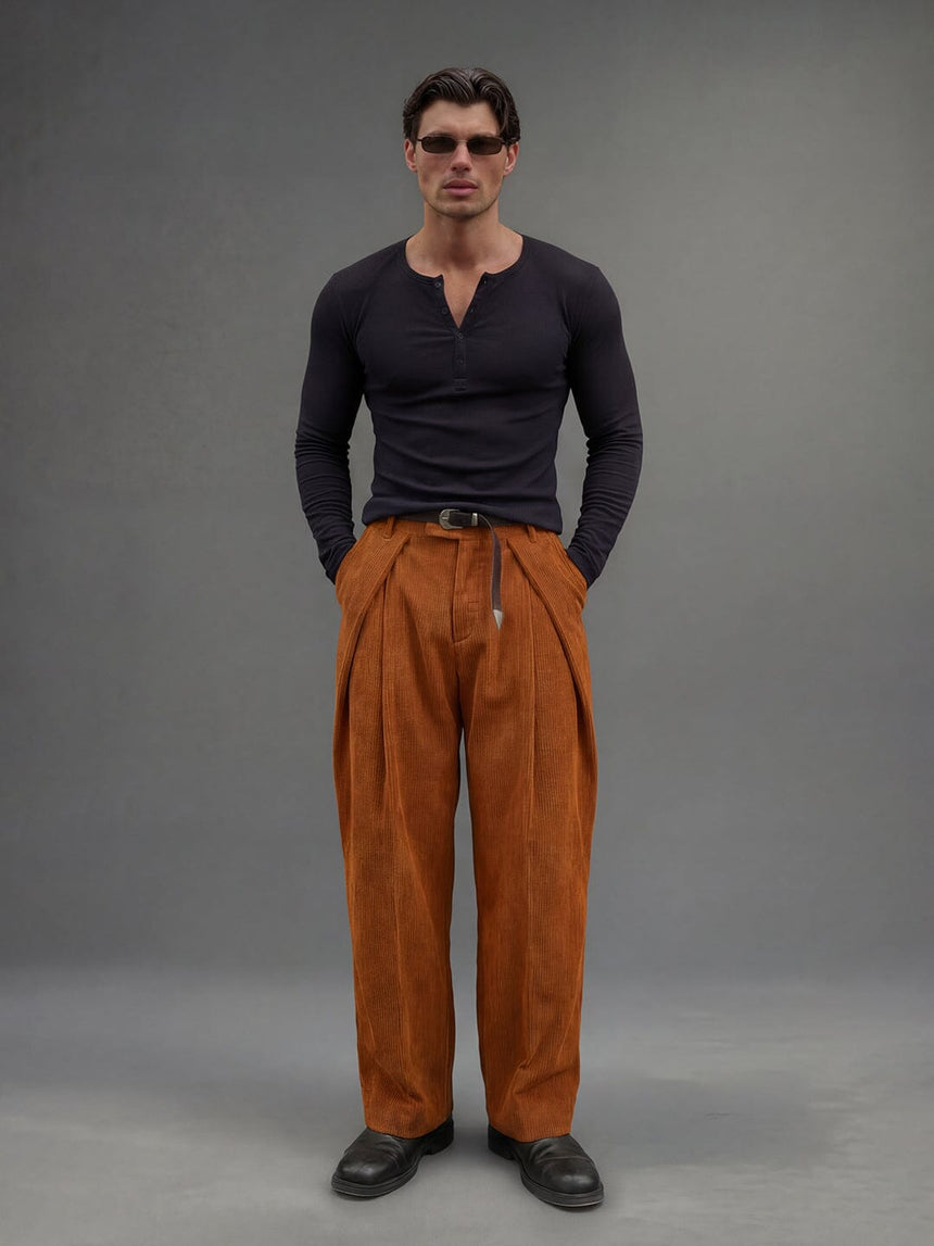 Mustard Orange Pleated Corduroy Korean Pants Trousers Fugazee