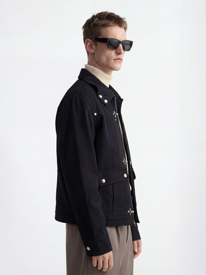 Black Cotton Twill Fireman Clasp Jacket Jackets Fugazee