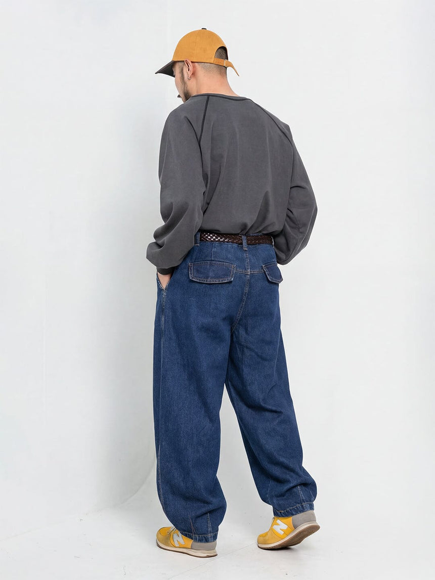 Indigo Pleated Barrel Fit Denim Jeans Fugazee