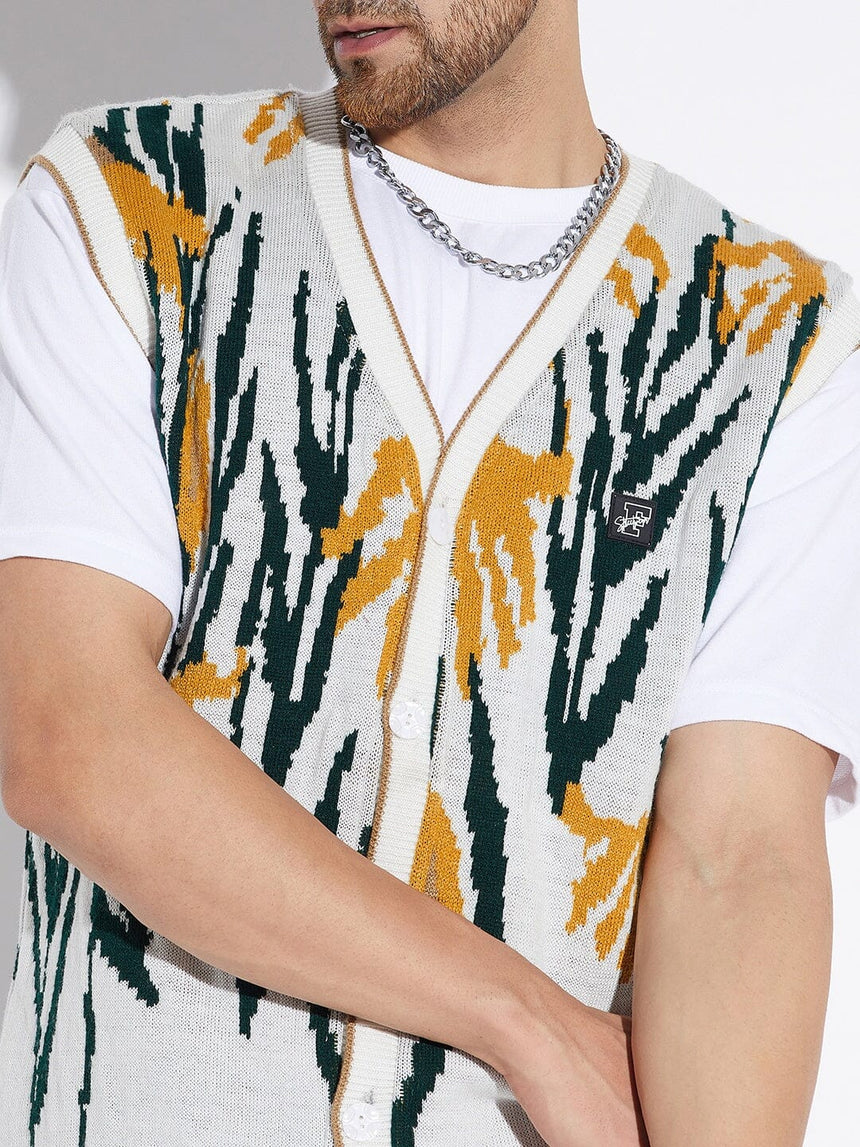 White Printed Sleeveless Cardigan Sweaters Fugazee