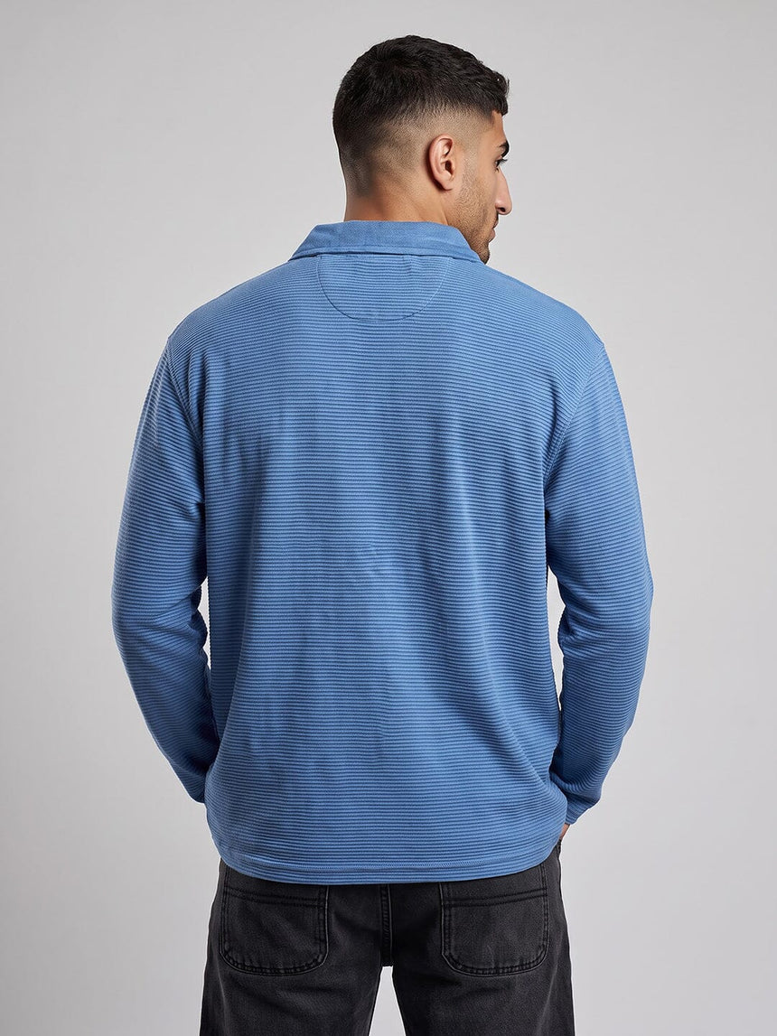 Blue Washed Textured Applique Longsleeve Polo Tshirt T-Shirts Fugazee