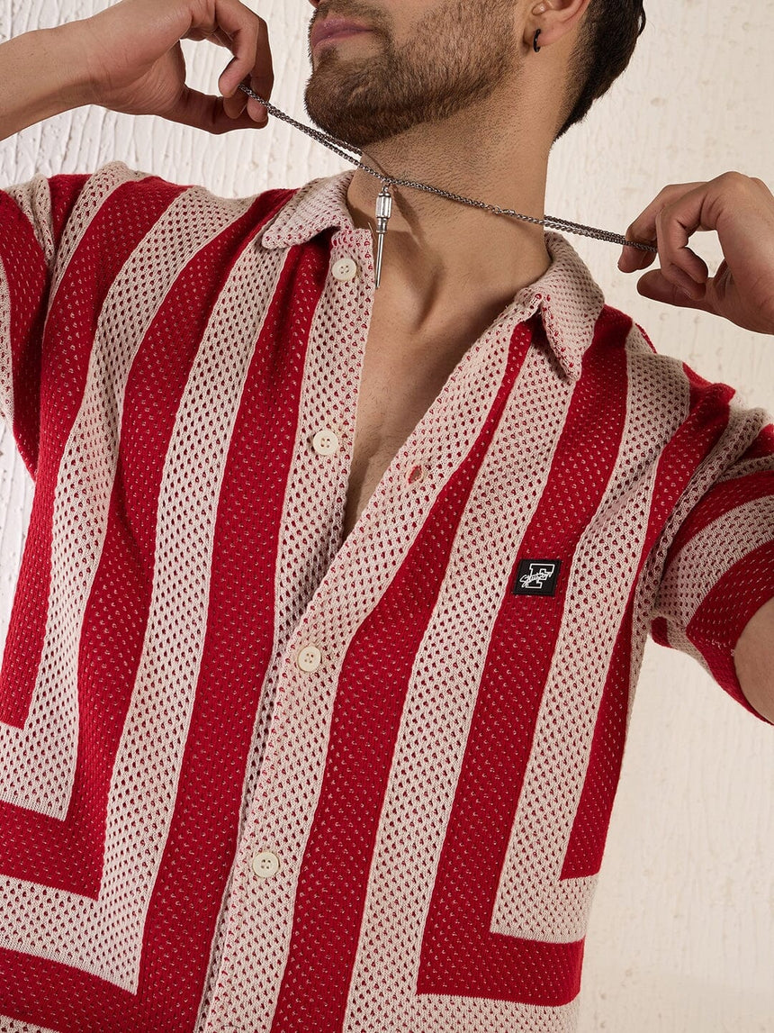 Red Striped Crochet Knitted Shirt Shirts Fugazee