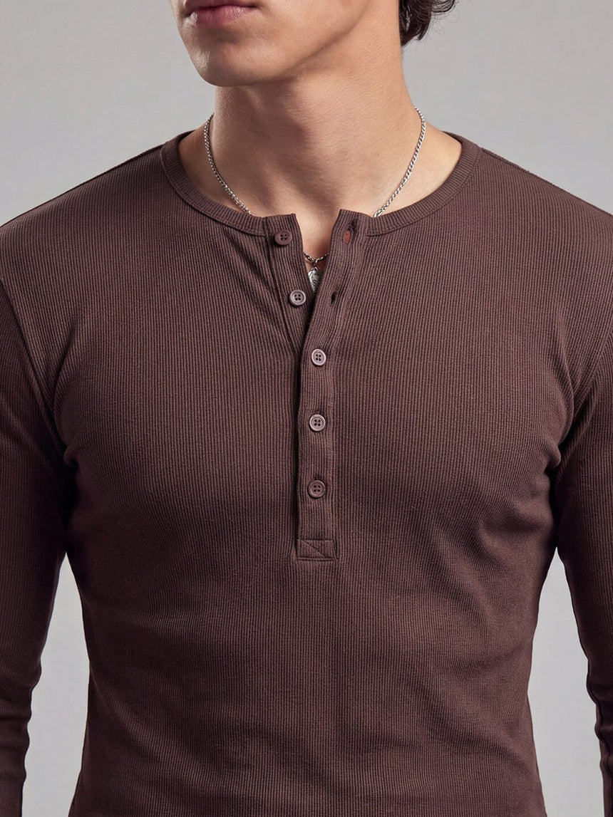 Coffee Ribbed Henley Longsleeves Tshirt T-Shirts Fugazee