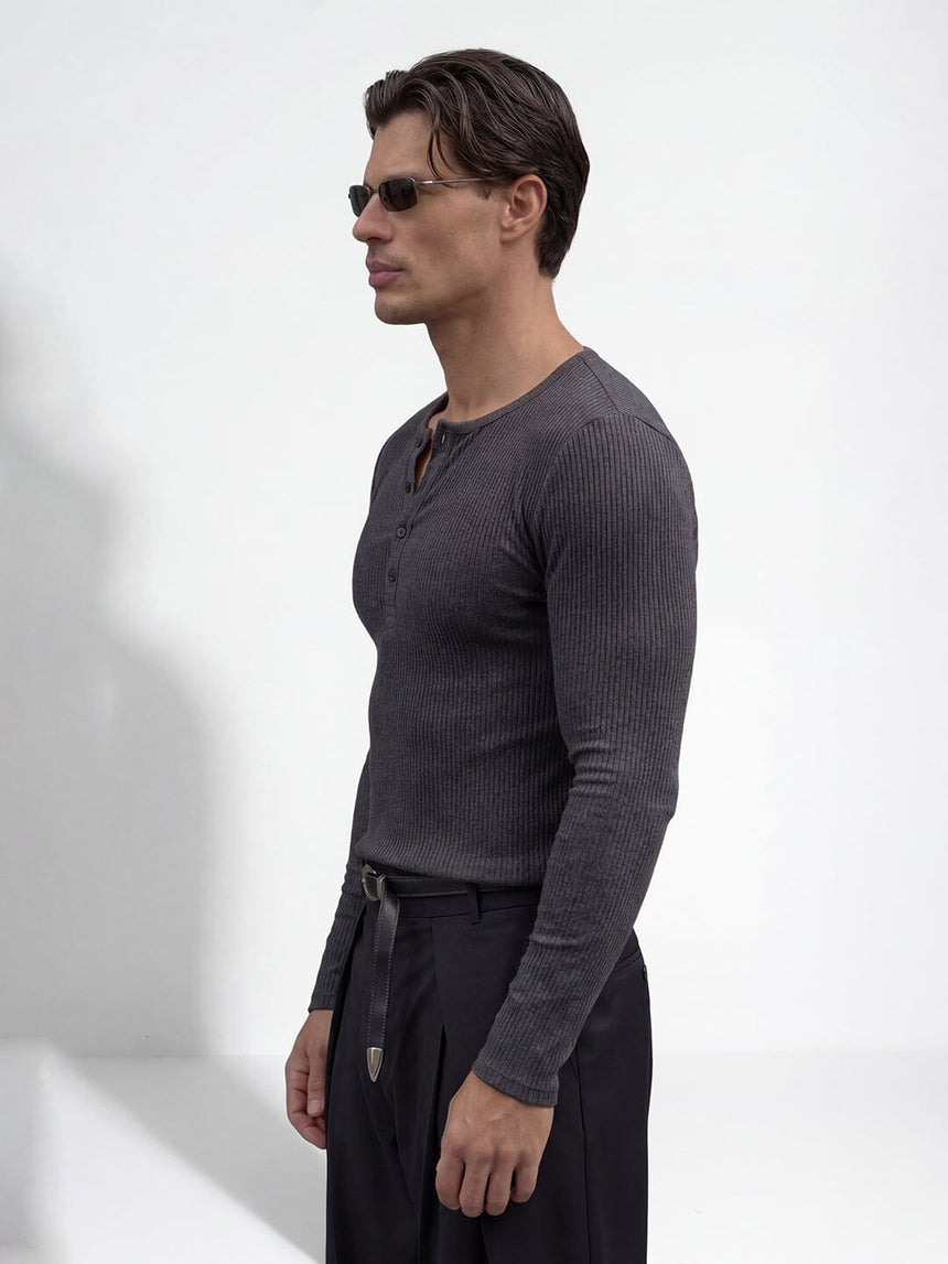 Charcoal Ribbed Henley Longsleeves Tshirt T-Shirts Fugazee