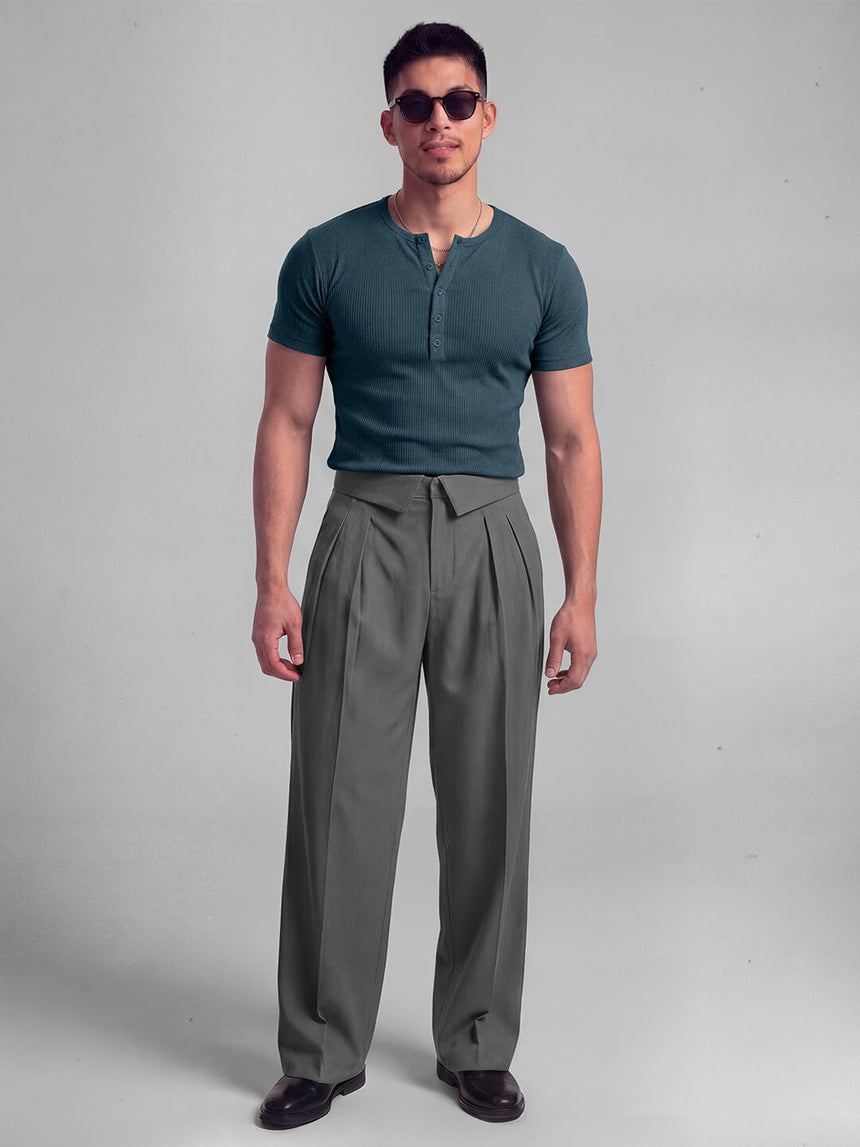 Denim Blue Ribbed Henley Short Sleeves Tshirt T-Shirts Fugazee