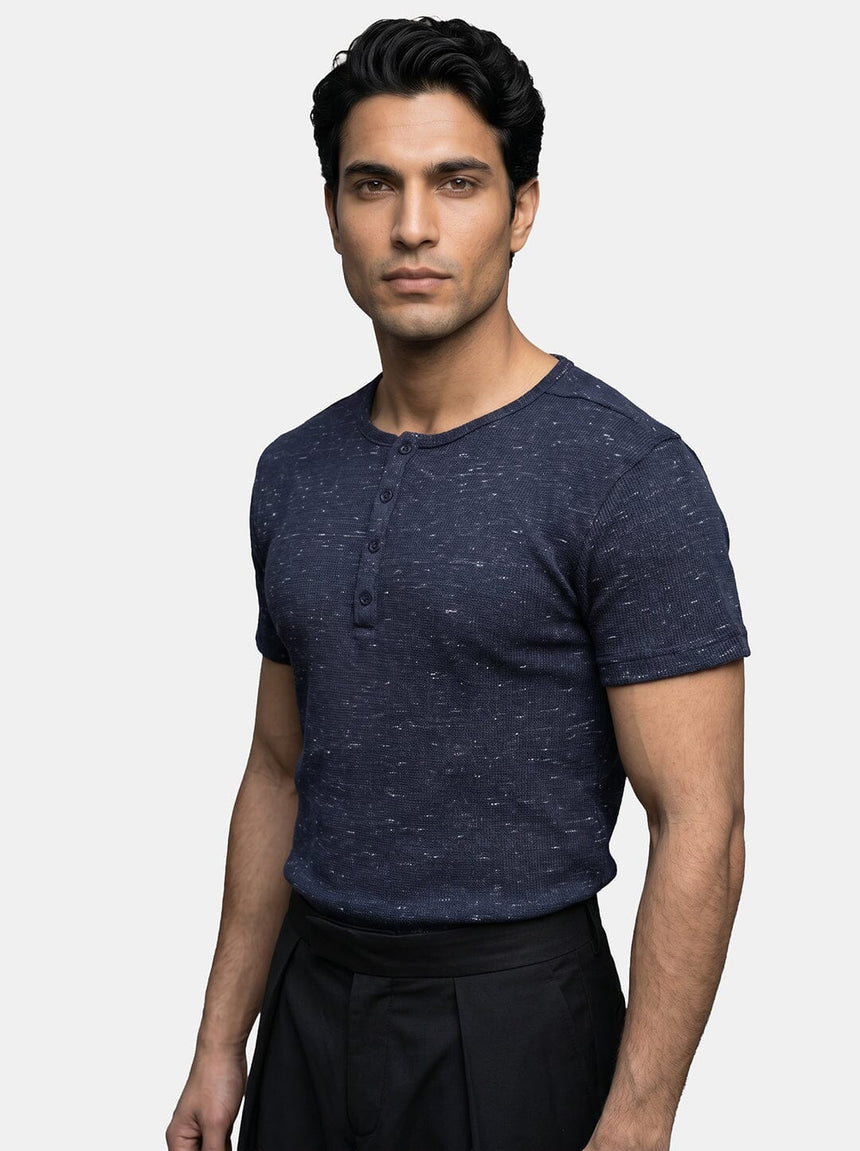 Navy Melange Waffle Short Sleeve Henley Tshirt T-Shirts Fugazee