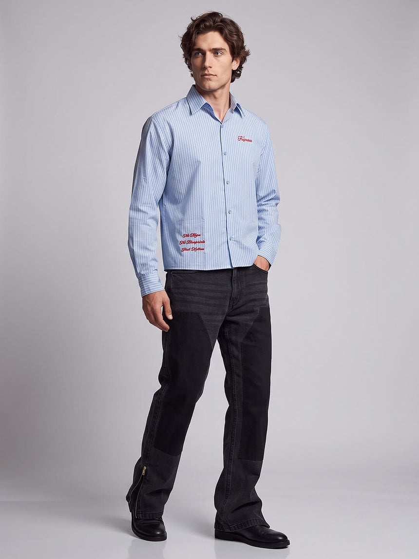 Heather Blue Pinstriped Cropped Shirt Shirts Fugazee