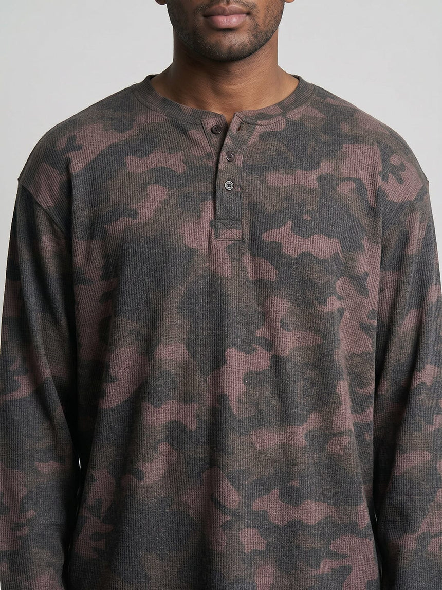 Brown Camo Waffle Relaxed Fit Henley Tshirt T-Shirts Fugazee