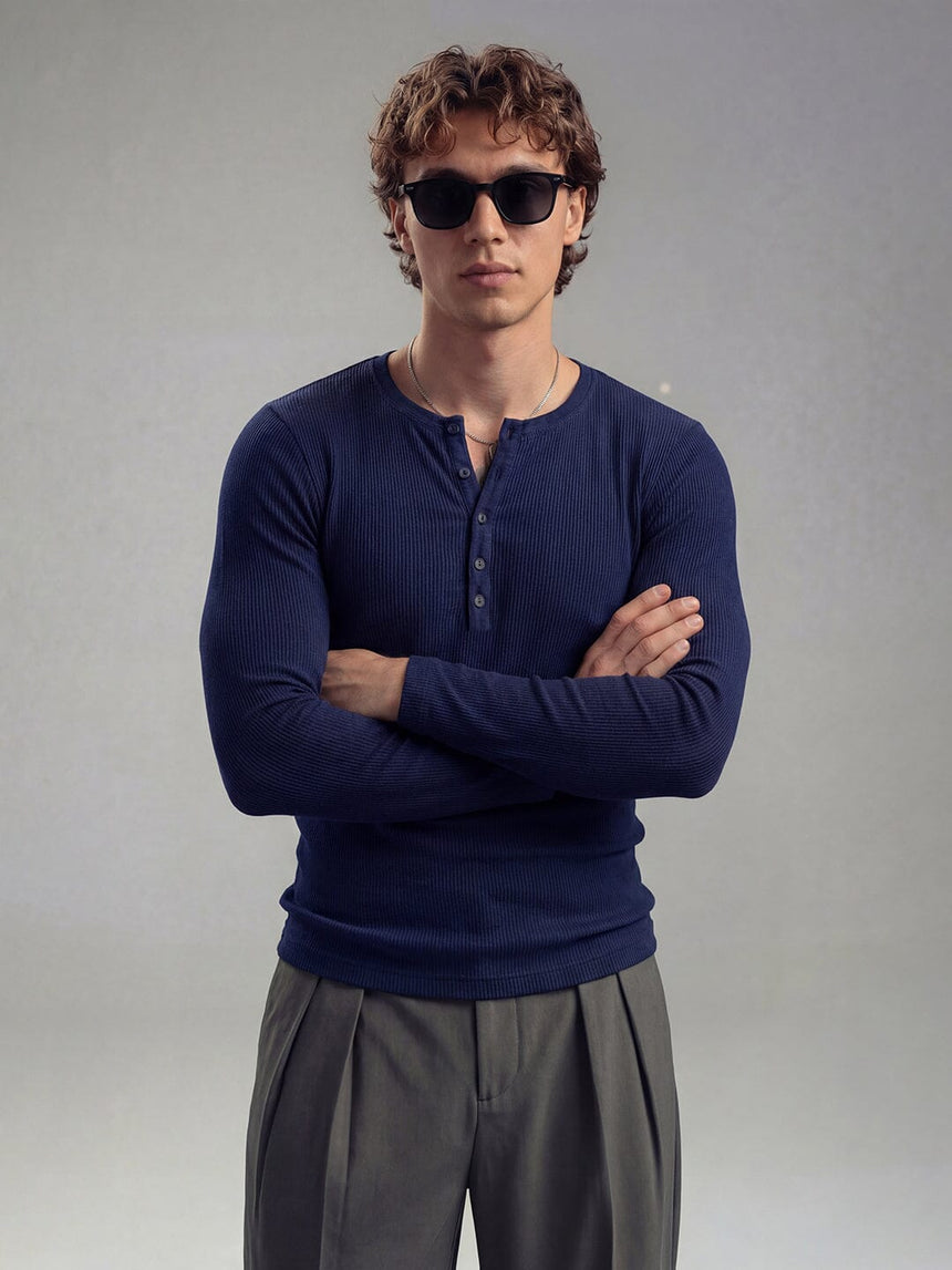 Navy Ribbed Henley Longsleeves Tshirt T-Shirts Fugazee