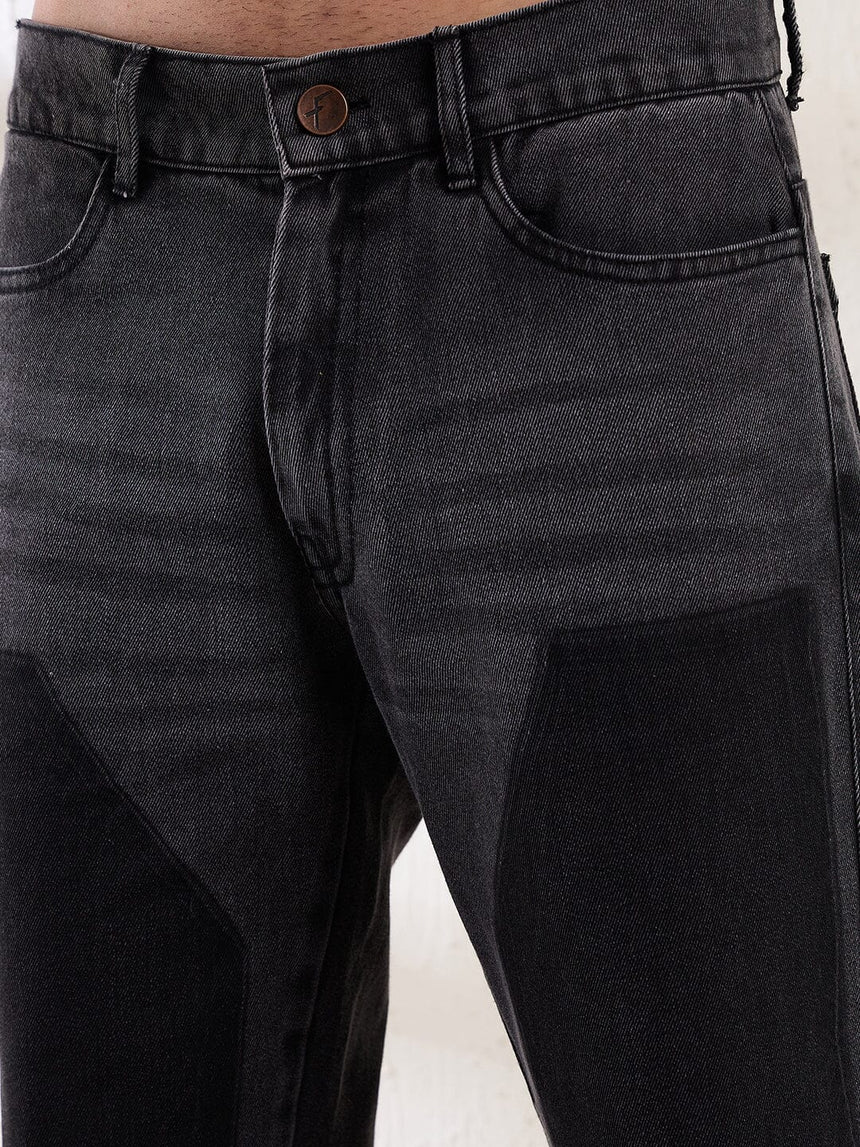 Black Contrast Patched Flared Zipped Denim Jeans Fugazee