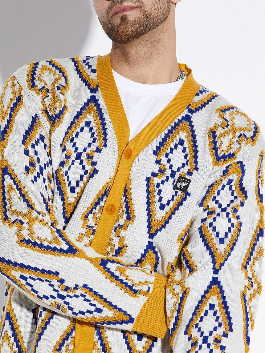 Mustard Abstract Print Cardigan Sweaters Fugazee