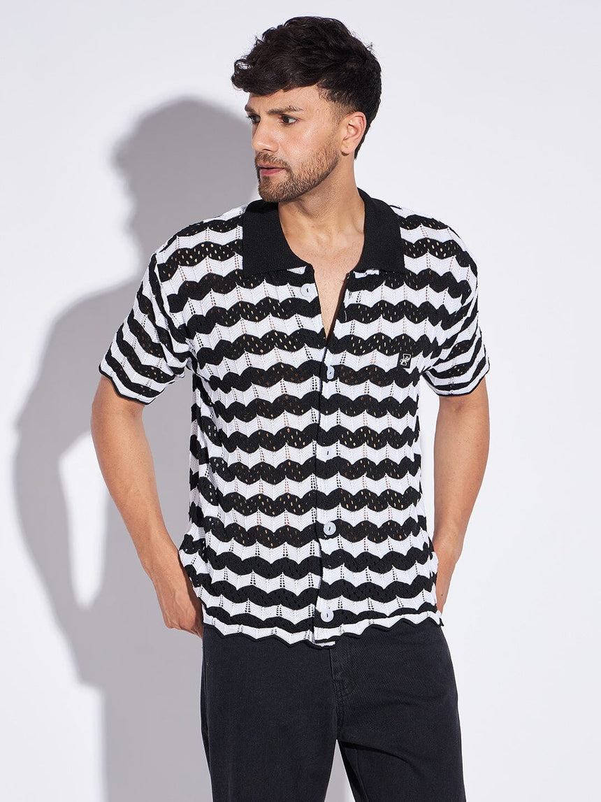 Black & White Wavy Striped Knitted Shirt Shirts Fugazee