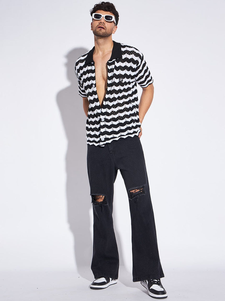 Black & White Wavy Striped Knitted Shirt Shirts Fugazee