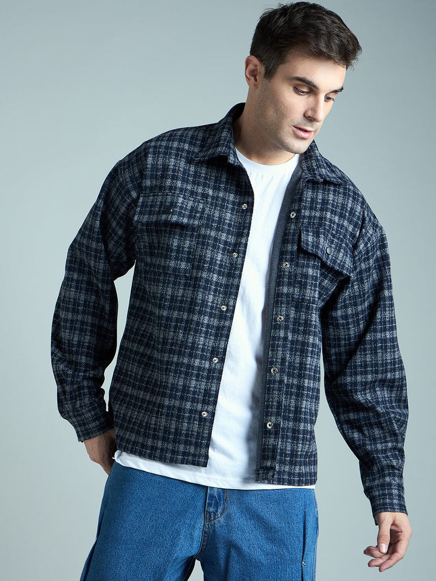 Charcoal & Navy Checkered Tweed OverShirt Shackets Fugazee
