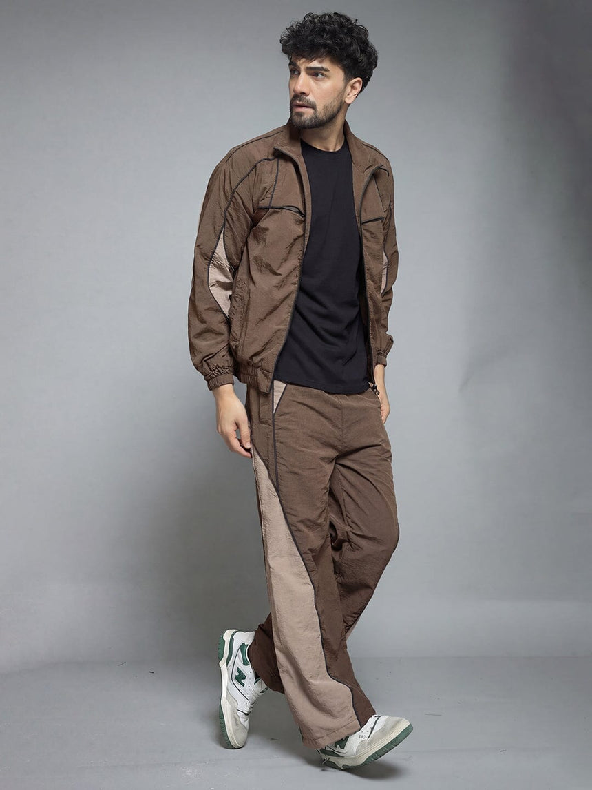 Brown And Beige Cut And Sew Tracksuit Tracksuits Fugazee