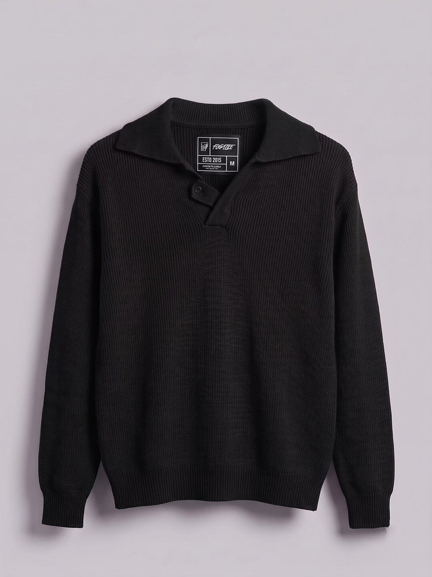 Black Heavy Knit Polo Sweater Sweaters Fugazee
