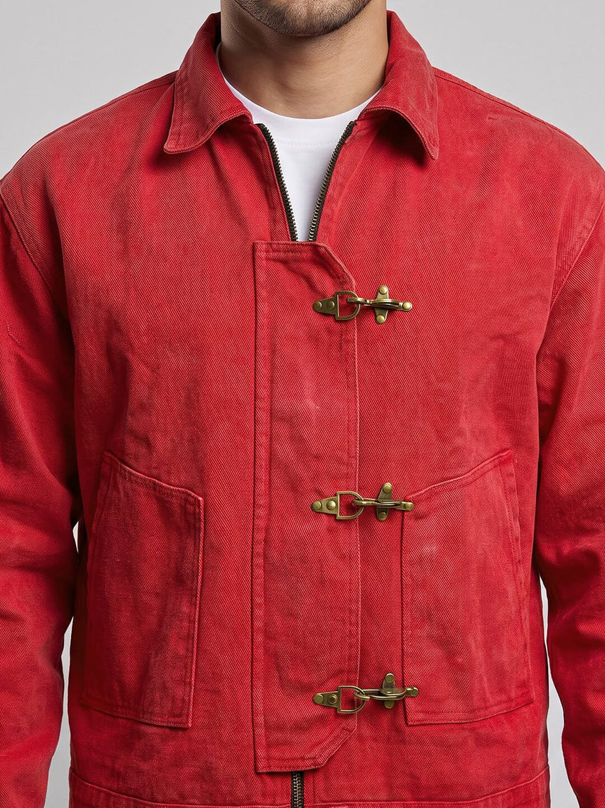 Red Washed Denim Fireman Clasp Jacket Jackets Fugazee