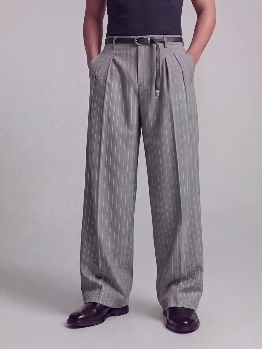 Grey Striped Pleated Trousers Trousers Fugazee