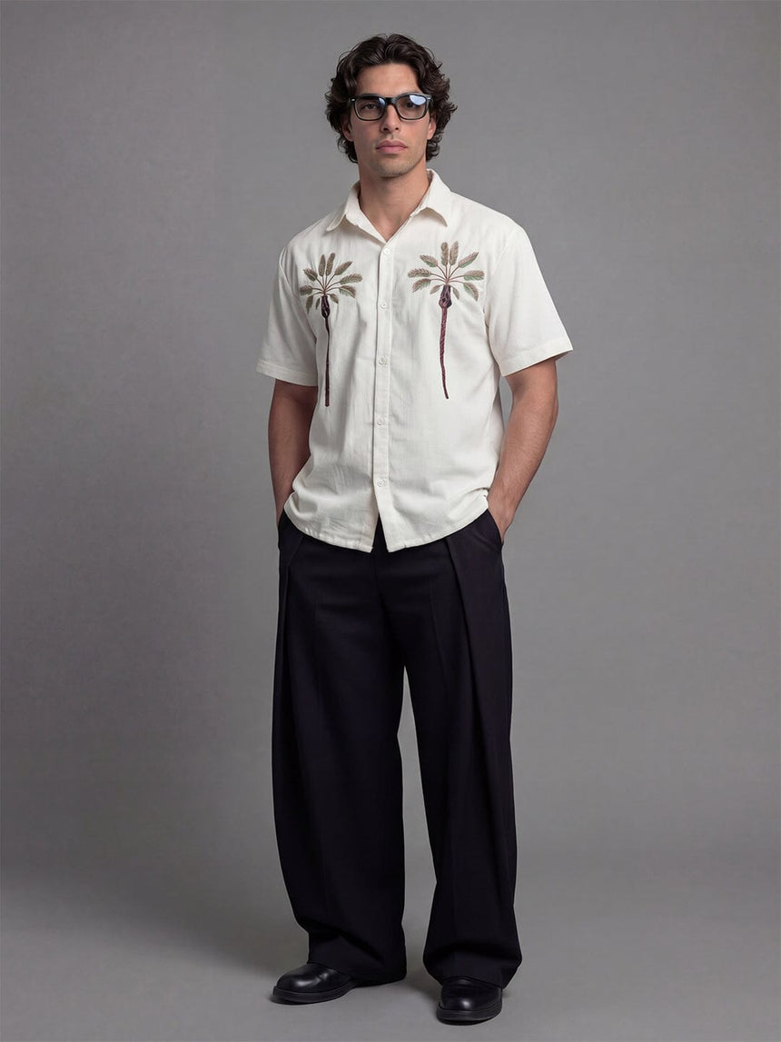 White Palm Embroidery Corduroy Short Sleeves Shirt Shirts Fugazee