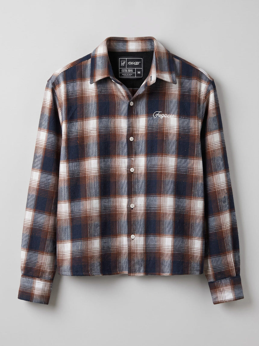 Brown & Navy Checkered Flannel Cropped Shirt Shirts Fugazee