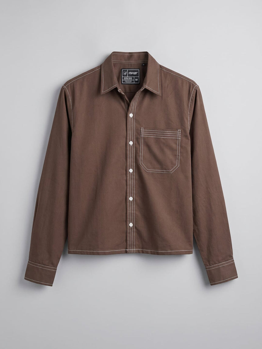 Brown Contrast Stitch Cropped Shirt Shirts Fugazee