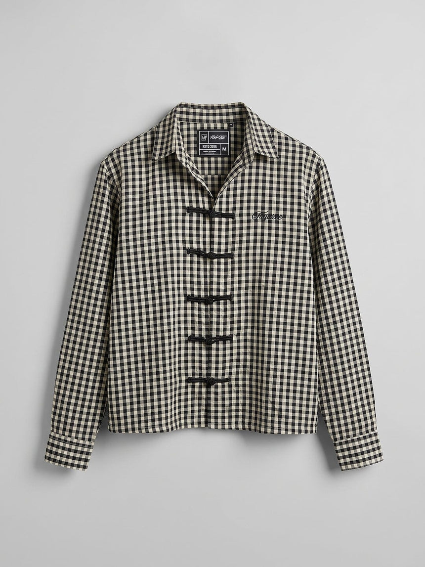 Black Checkered Frog Knot Buttoned Cropped Shirt Shirts Fugazee