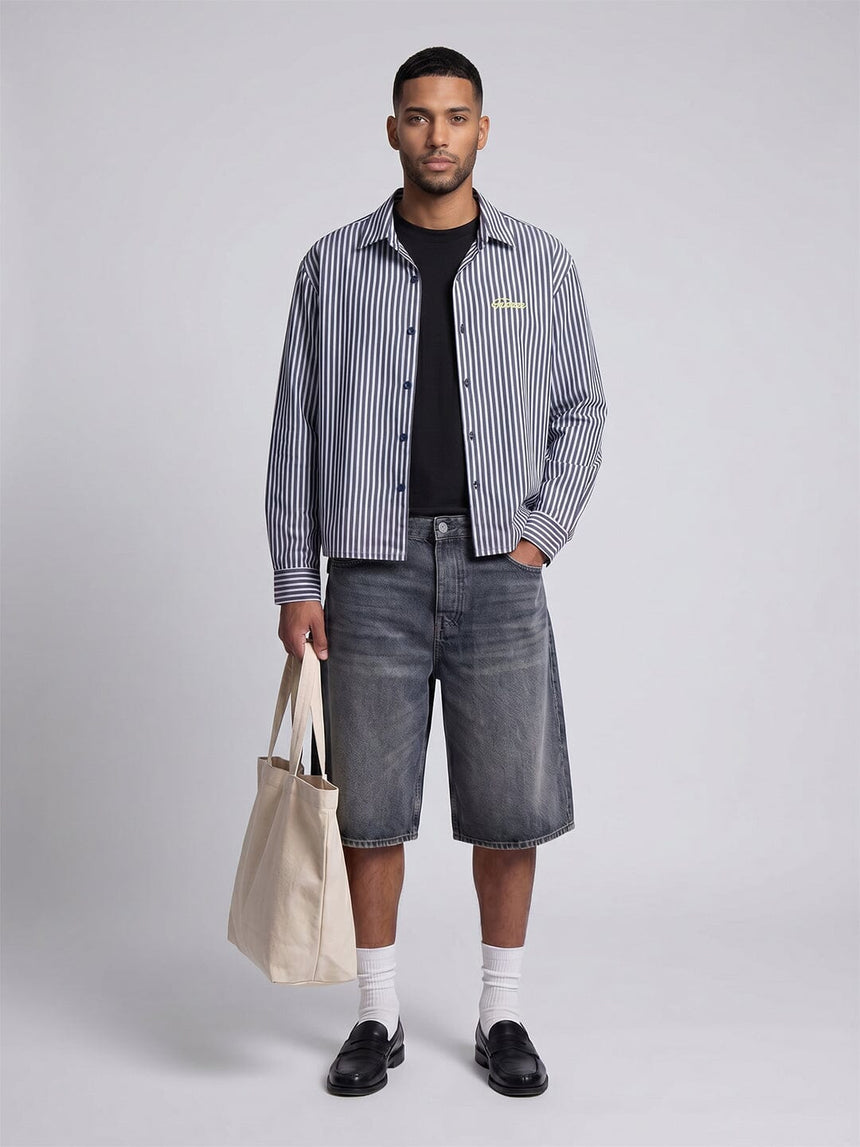 Navy Striped Seersucker Cropped Shirt Shirts Fugazee