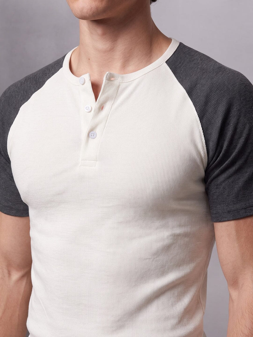 Ecru and Charcoal Raglan Ribbed Henley Tshirt T-Shirts Fugazee