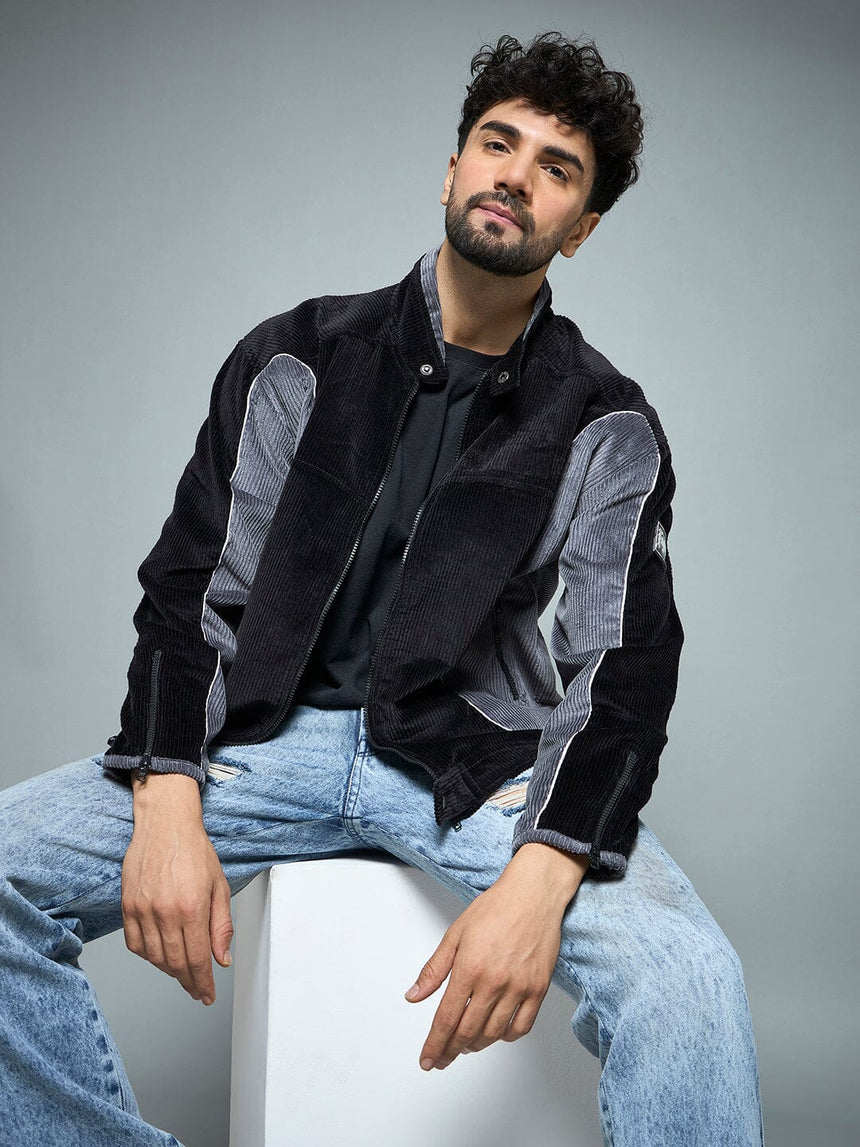 Black & Grey Corduroy Moto Jacket Jackets Fugazee