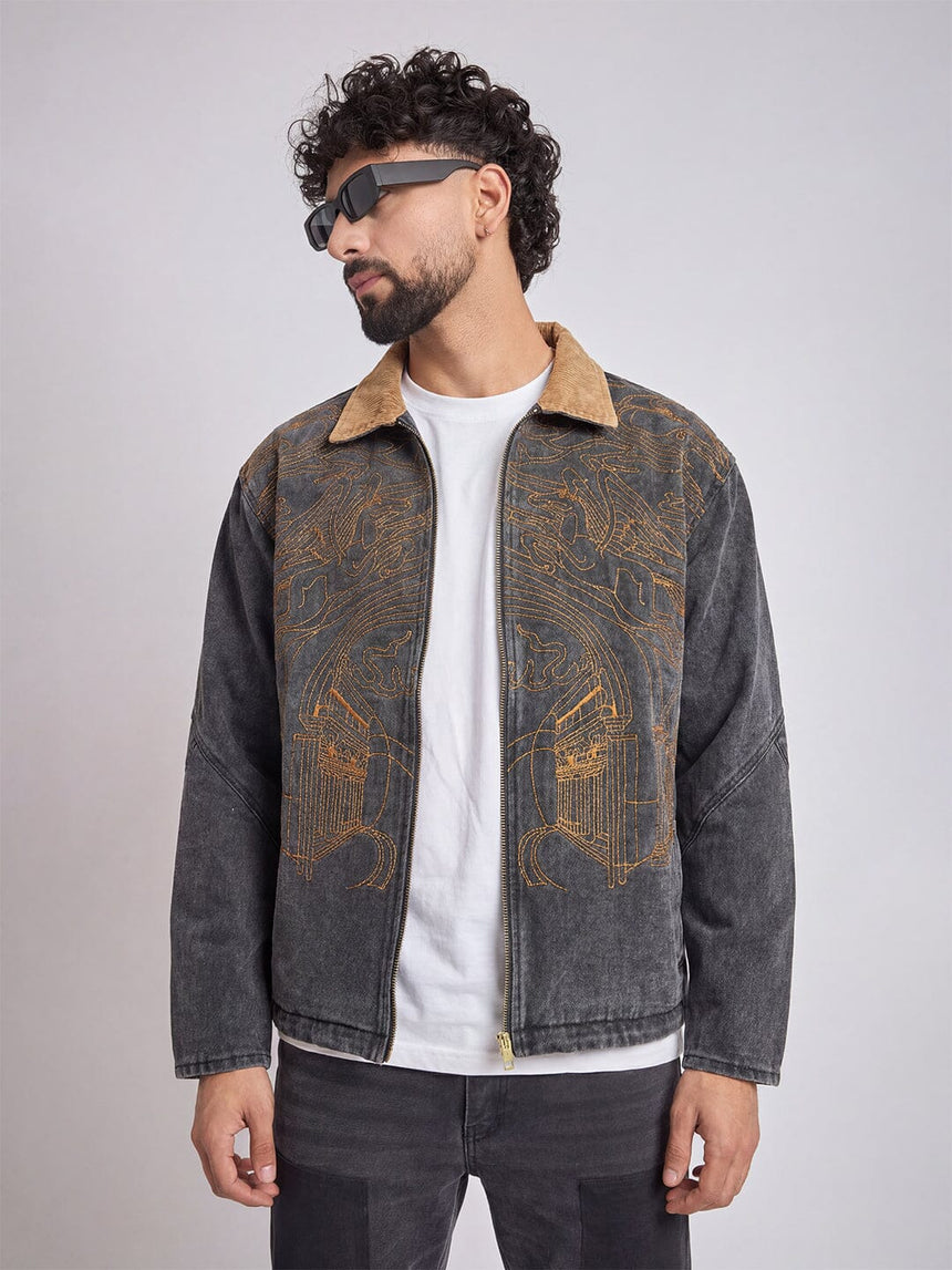 Grey Denim Embroidered Harrington Jacket Jackets Fugazee