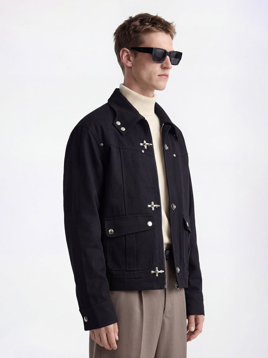 Black Cotton Twill Fireman Clasp Jacket Jackets Fugazee