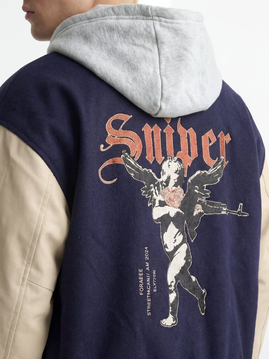Navy Cupid Sniper Hooded Varsity Jacket Jackets Fugazee