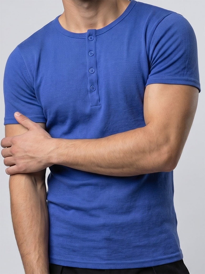 Royal Blue Short Sleeve Henley Tshirt T-Shirts Fugazee