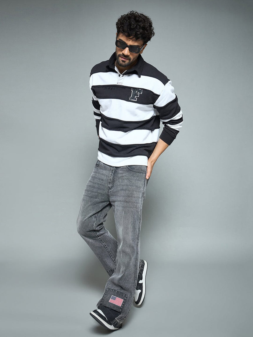 Black & White Striped Raw Edge Rugby Sweatshirt Sweatshirts Fugazee