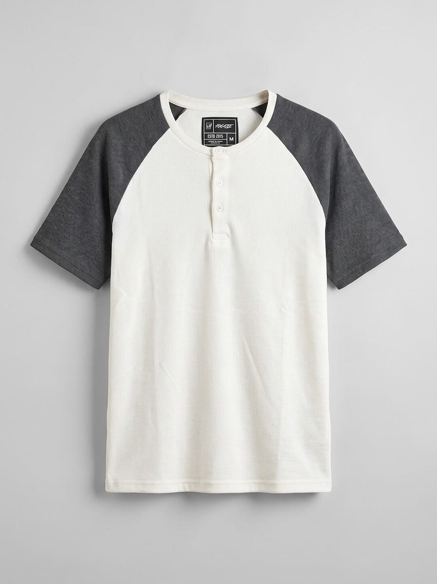 Ecru and Charcoal Raglan Ribbed Henley Tshirt T-Shirts Fugazee