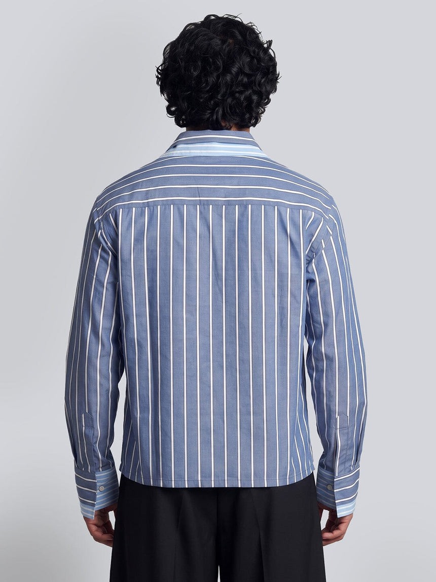 Cobalt Blue Striped Double Collared Cropped Shirt Shirts Fugazee