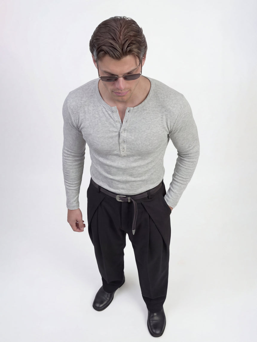 Light Grey Ribbed Henley Longsleeves Tshirt T-Shirts Fugazee