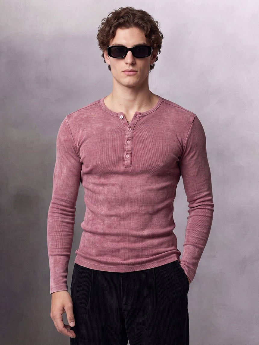 Crimson Acid Washed Ribbed Longsleeve Henley Tshirt T-Shirts Fugazee