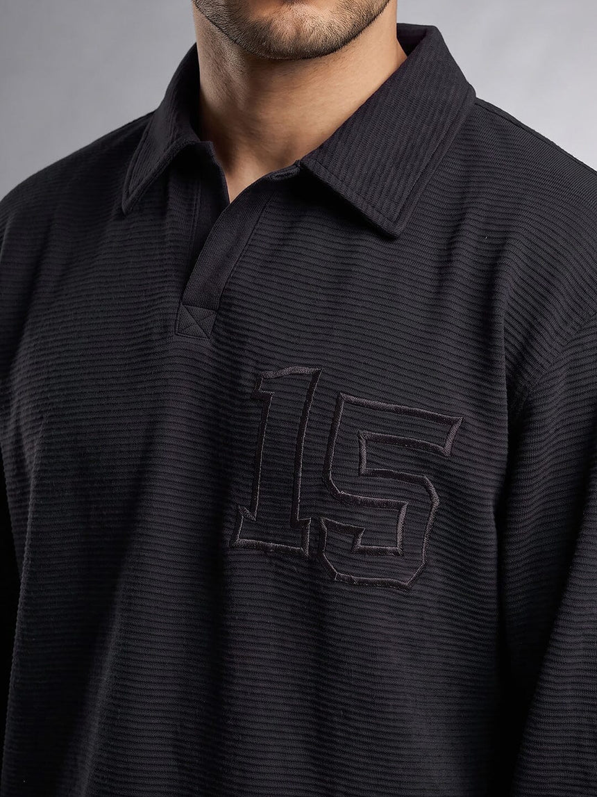 Black Textured Applique Longsleeves Polo Tshirt T-Shirts Fugazee