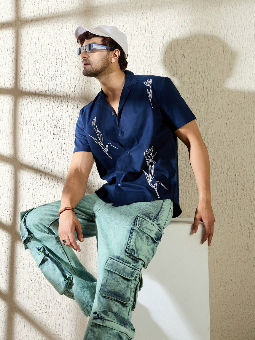 Navy Rose Embroidery Cuban Shirt Shirts Fugazee