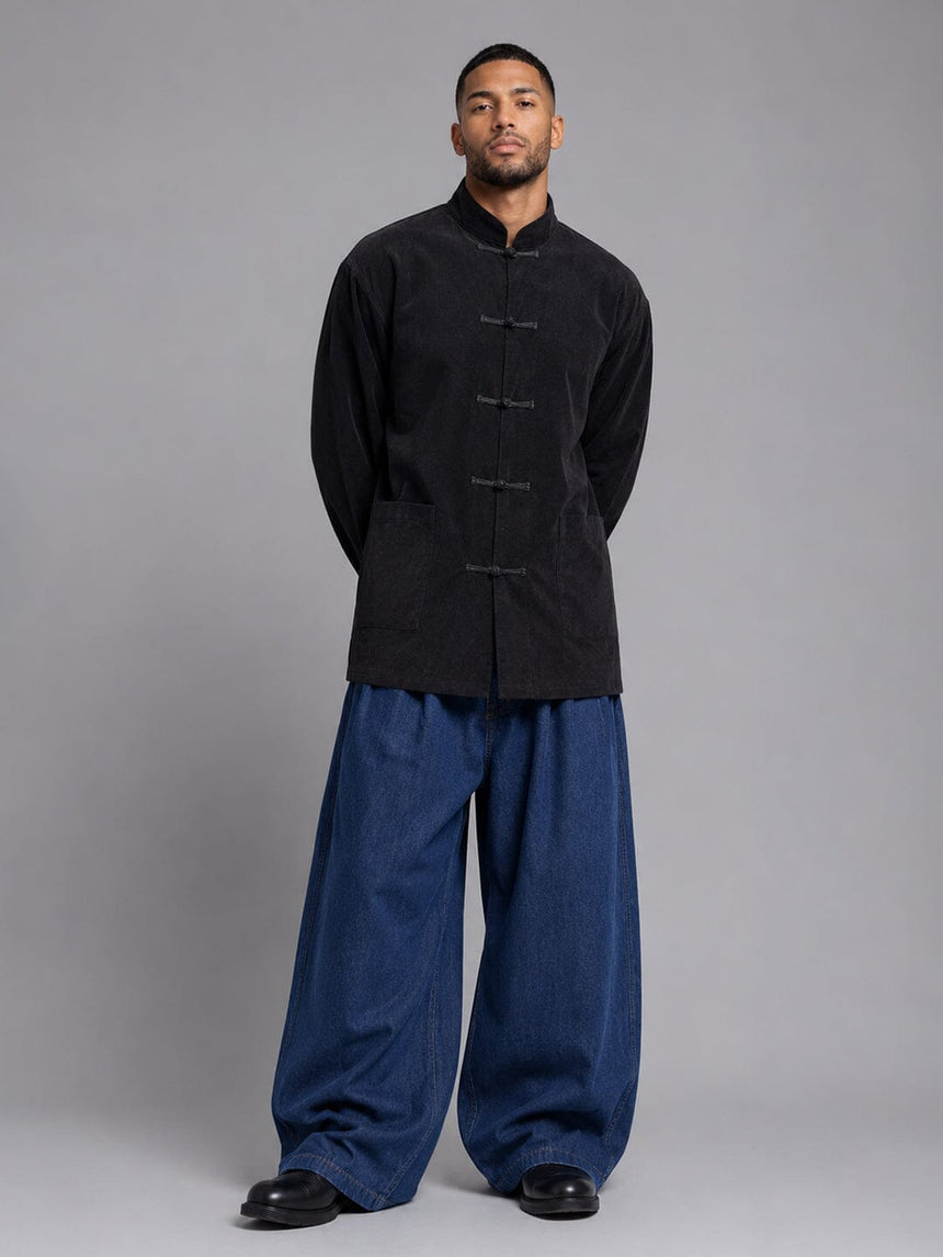 Black Mandarin Frog Buttoned Longline Shirt Shirts Fugazee