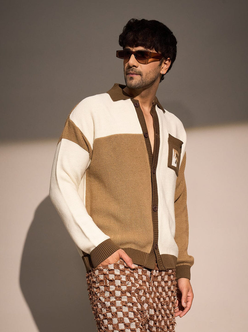 Beige & Brown Monogram Cardigan Sweaters Fugazee