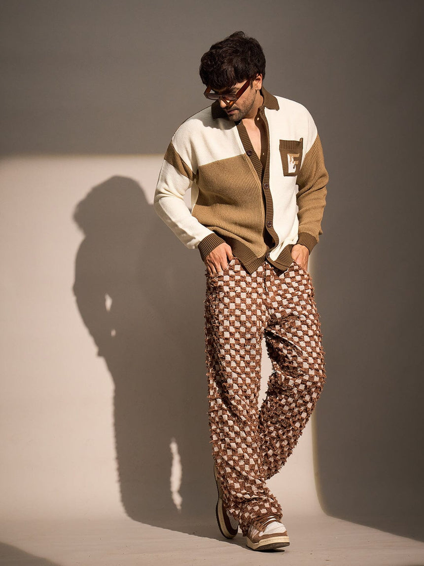 Beige & Brown Monogram Cardigan Sweaters Fugazee