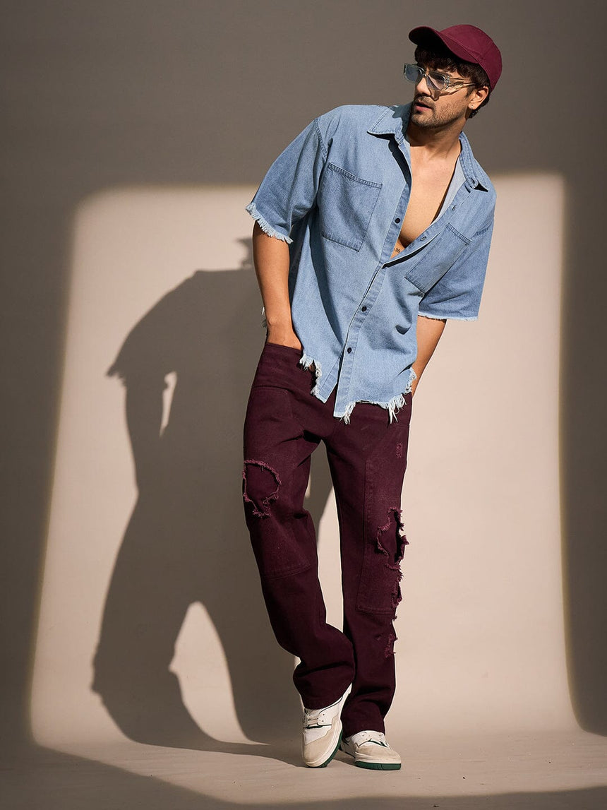 Ice Damaged Hem Short Sleeve Oversized Shirt Shirts Fugazee